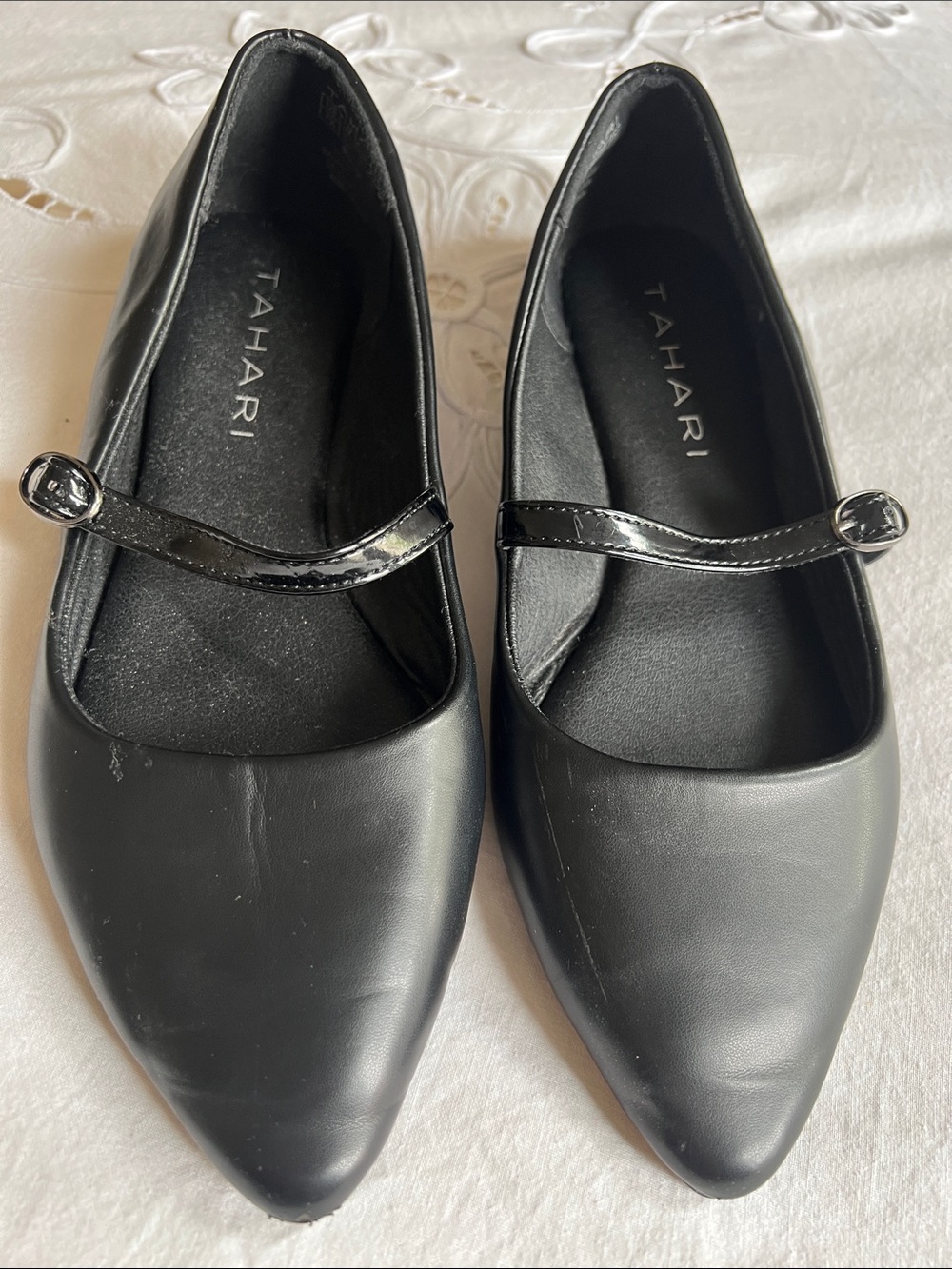 Tahari Black Pointed Mary Jane Flats with Patent Strap